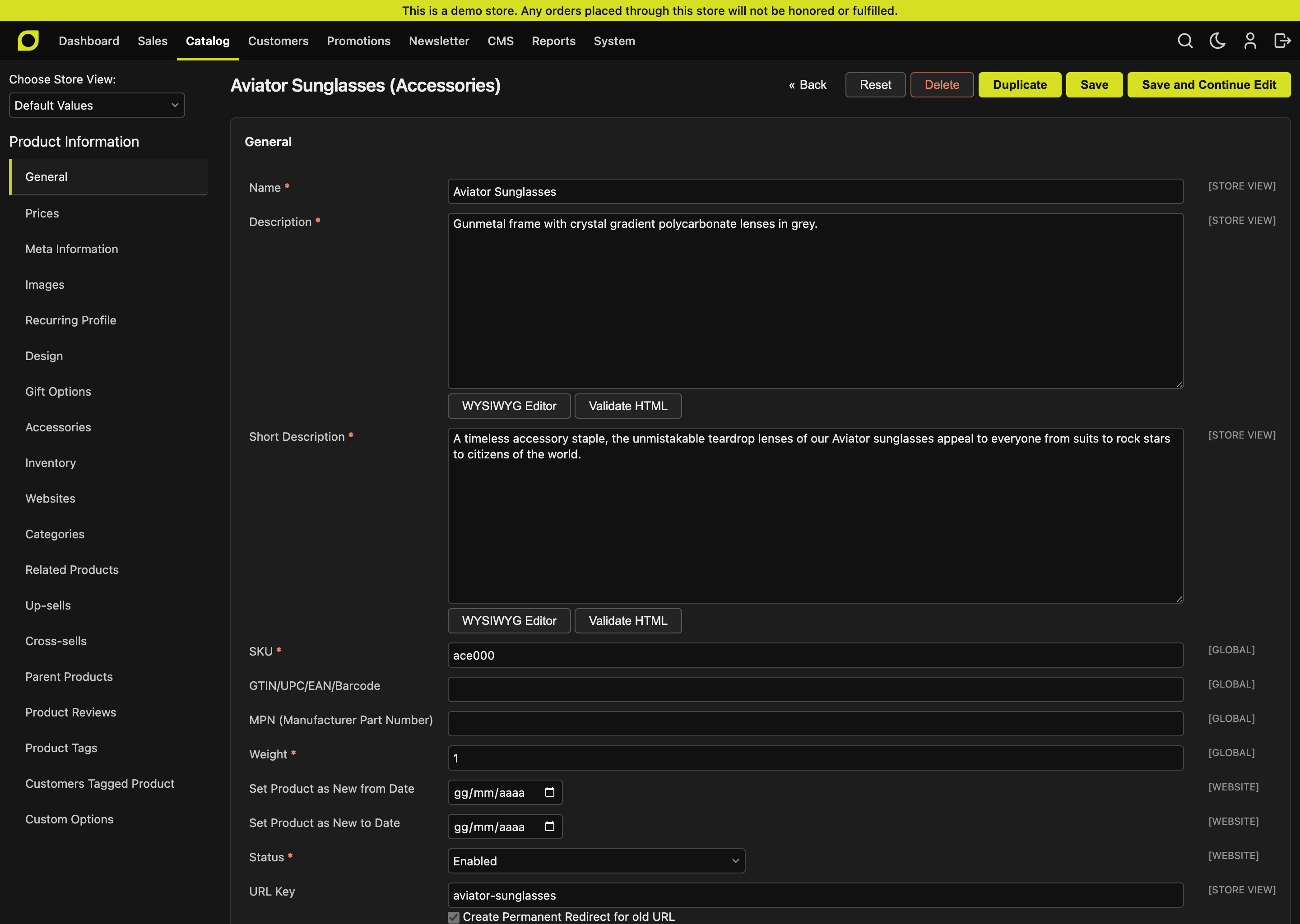 A product edit screen in dark mode
